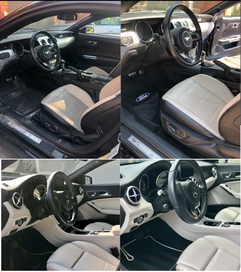 Before-and-after of a car interior detailing job at Stealth Windshield Repairs
