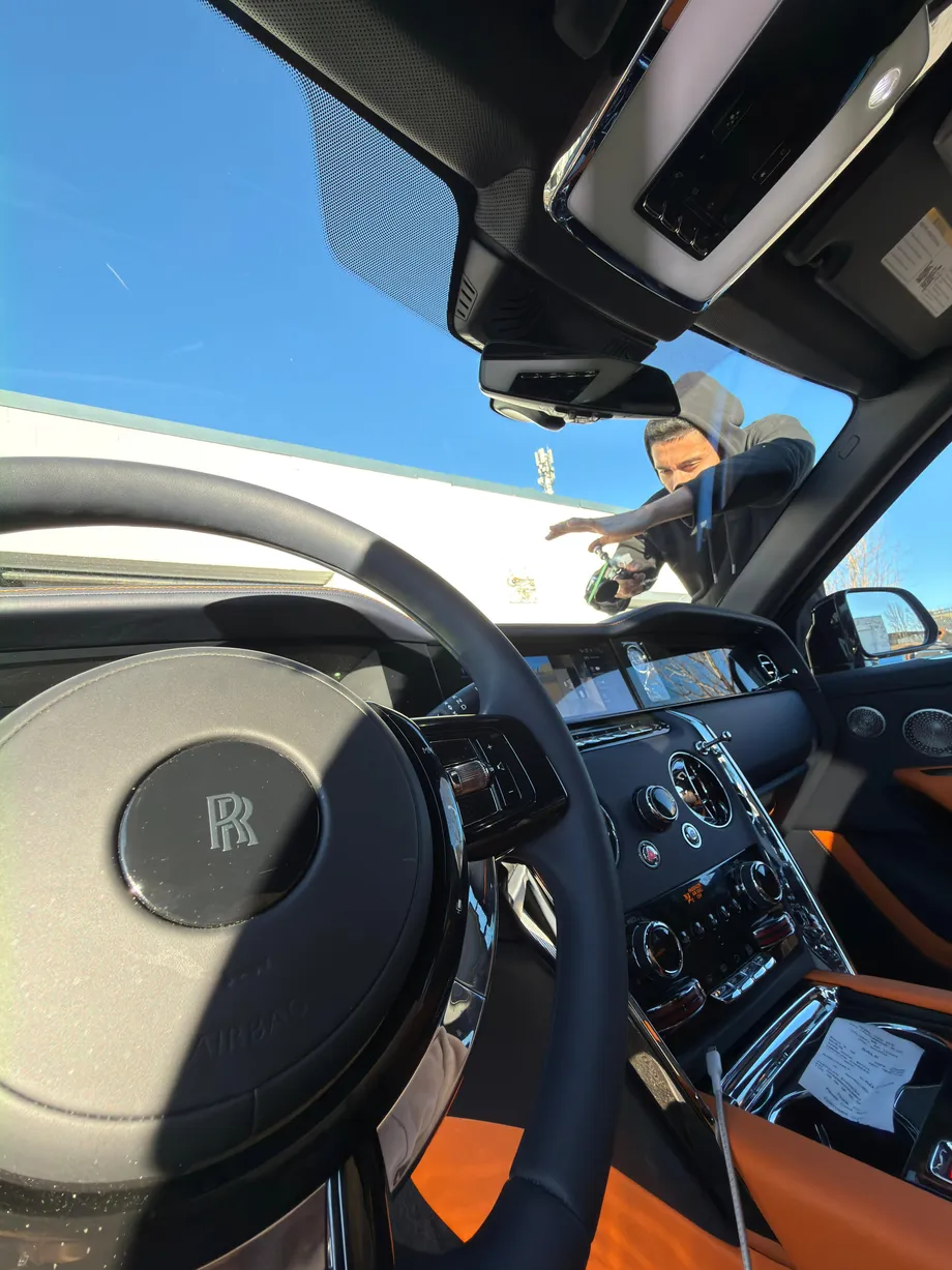 Inside view from a Rolls-Royce undergoing a chip repair job at Stealth Windshield Repairs