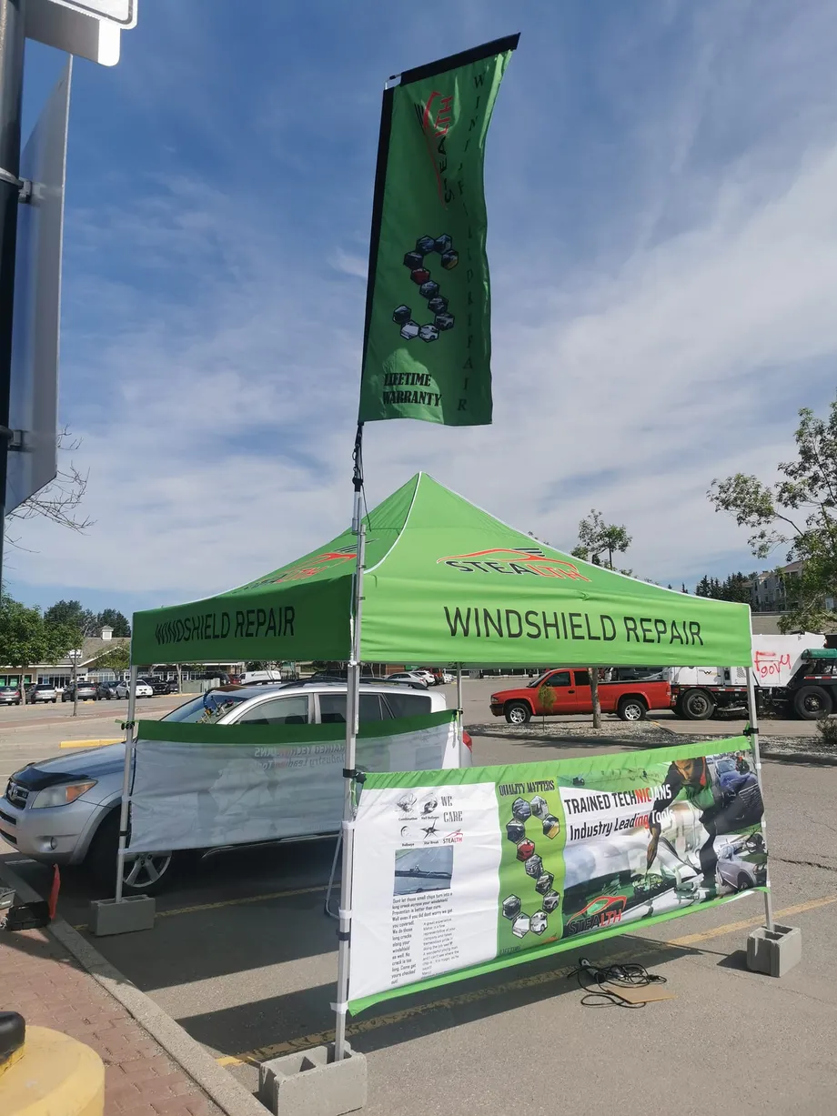 A Stealth windshield repair tent, providing unmatched windshield repair service in Calgary